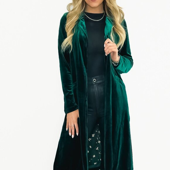 Long Sleeve Velvet Duster Coat with Printed Liner- Hunter Green - Picture 1 of 2
